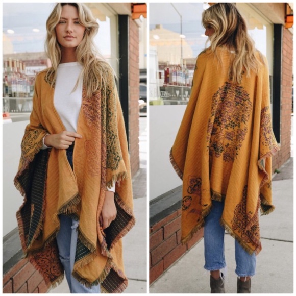 Mustard Floral Medallion Paisley Ruana Boho Wrap - Picture 2 of 5